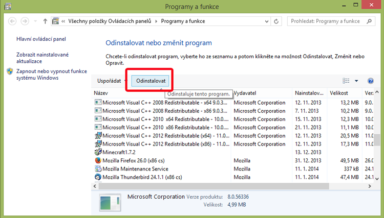 Panel Programy a funkce ve Windows 8.1